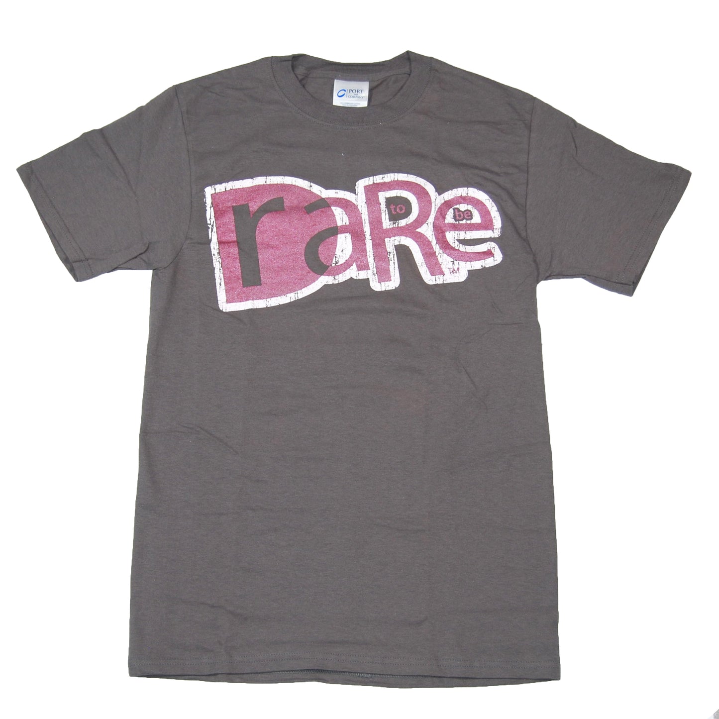 Grey shirt on a white background. The Dare to be Rare logo is in pink and white, large and in the center of the chest. It is an older logo design, with the "Dare" & "Rare" superimposed on each other, and "to be" in small text in the gaps of the R a E.