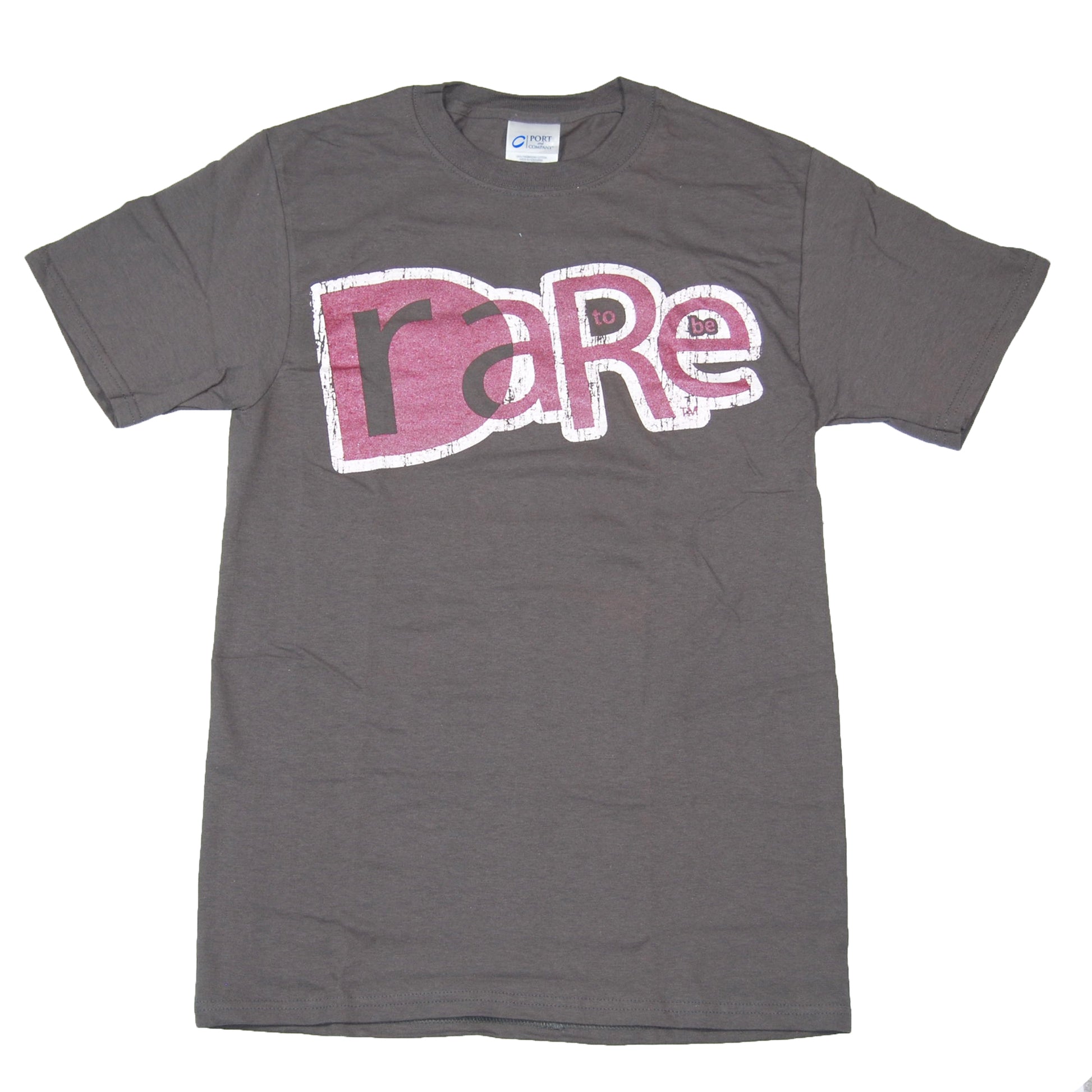Grey shirt on a white background. The Dare to be Rare logo is in pink and white, large and in the center of the chest. It is an older logo design, with the "Dare" & "Rare" superimposed on each other, and "to be" in small text in the gaps of the R a E.