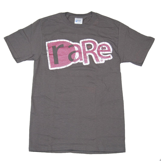 Grey shirt on a white background. The Dare to be Rare logo is in pink and white, large and in the center of the chest. It is an older logo design, with the "Dare" & "Rare" superimposed on each other, and "to be" in small text in the gaps of the R a E.